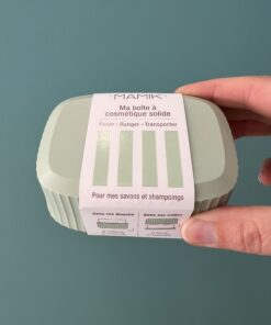 Boîte à savon vert tilleul fermée en plastique recyclé, vue de face